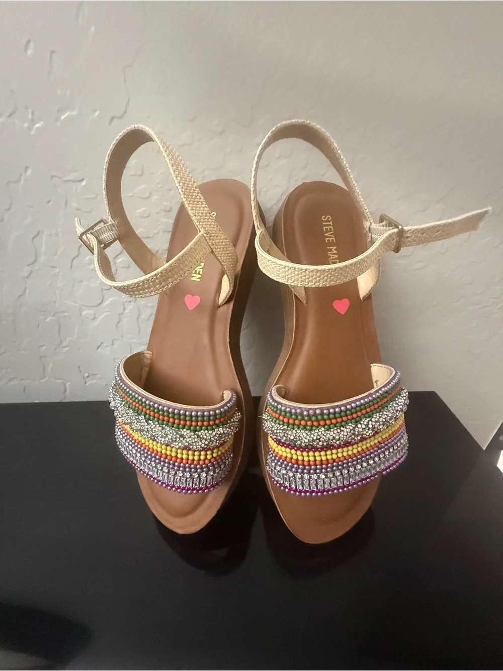 Steve Madden Beige Ankle-Strap Sandals with Multicolor Beaded Bands